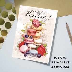 Cartão de aniversário para impressão, cartão de feliz aniversário, cartão de aniversário digital, cartão de aniversário com macaroons, download instantâneo de cartão de aniversário, A6
