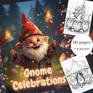 30 Gnome Coloring Book, Gnome Coloring pages, Fantasy, Gnome Celebrations, Cute Gnome, Adults + kids Instant Download, Printable PDF, A4