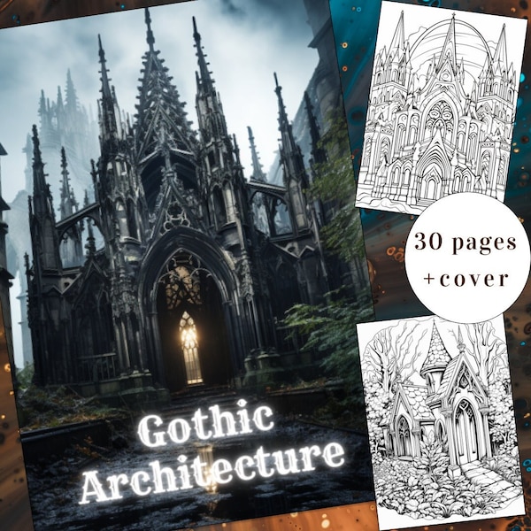 30 Gothic Architecture Coloring Page, Gothic Coloring, Architecture Coloring Book, Adults + kids Instant Download, Halloween ,Printable PDF