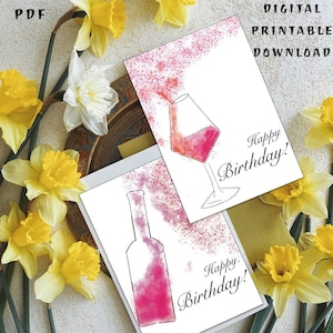 Wine Birthday Card, Happy Birthday Card, Digital Birthday Card, Minimalistic Birthday Card, Glass of Wine Birthday Card Instant Download, A6