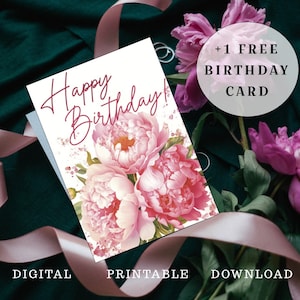 Pioenrozen verjaardagskaart, Happy Birthday Card, digitale verjaardagskaart, minimalistische verjaardagskaart, bloem verjaardagskaart, Instant Download, A6