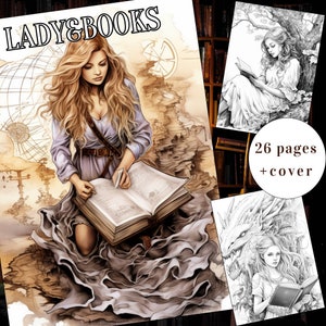 26 Lady Coloring Page, Lady Coloring Book, Lady and Books Coloring Book, Adults + kids Instant Download, Book Coloring, Printable PDF