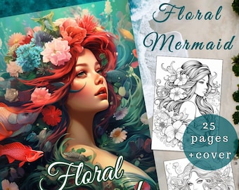 Livro de colorir Sereia Floral, para adultos e crianças, páginas para imprimir (PDF)
