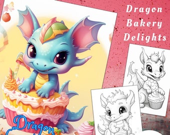 Dragon Bakery Coloring Book, Cute Dragons, Kids and Adults (Printable PDF)