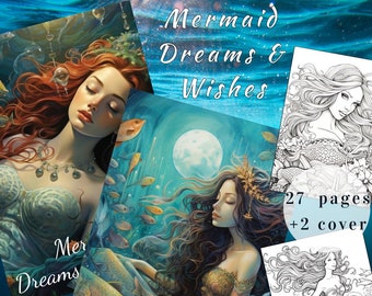 Mermaid Coloring Page, Mermaid Coloring Book, Coloring Book, Adults + kids Instant Download, Mermaid Dreams & Wishes, Girl, Printable PDF
