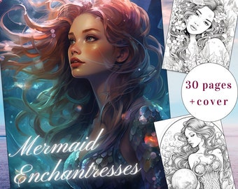 Libro para colorear de sirenas hechiceras, 30 páginas imprimibles (PDF)