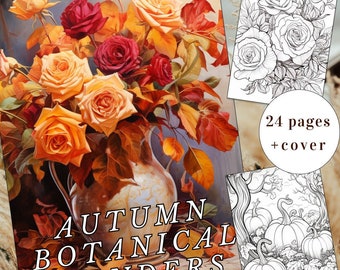 24 Herbstliche botanische Ausmalbilder, Herbst-Blumenmuster (druckbare PDF-Datei)