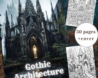 30 Gothic Architecture Coloring Page, Gothic Coloring, Architecture Coloring Book, Adults + kids Instant Download, Halloween ,Printable PDF