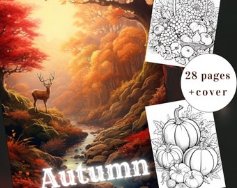 28 Autumn Coloring Page, Autumn Coloring, Autumn Coloring Book, Adults + kids Instant Download, Fall Coloring, Halloween, Printable PDF