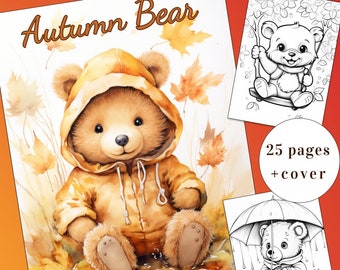 25 Autumn Bear Coloring Page, Cute Bear Coloring Book, Coloring Book, Adults + kids Instant Download, Fall Bear Coloring, Printable PDF