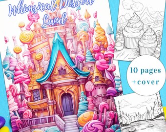 Dessert Land Coloring Book, Whimsical Grayscale, Adults and Kids (Printable PDF)
