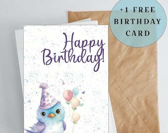 Può includere: Biglietto di compleanno digitale stampabile con un uccello blu che indossa un cappello da festa e tiene dei palloncini. Il biglietto ha uno sfondo bianco con coriandoli blu e viola. Il testo "Happy Birthday!" è scritto in viola.