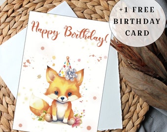 Fox Birthday Card, Cute Animal Illustration (Digital Download)