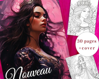 Art Nouveau Princess Coloring Book, Grayscale Fantasy Art (PDF)
