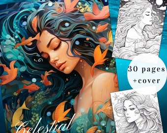 Livro de colorir Sereia Celestial, 30 páginas para imprimir (PDF)