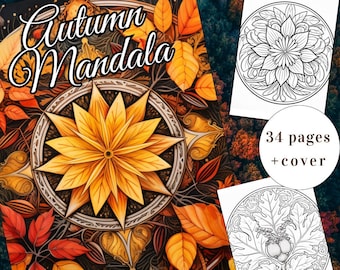 34 Autumn Mandala Coloring Page, Autumn Coloring, Coloring Book, Adults + kids Instant Download, Fall Coloring, Halloween, Printable PDF