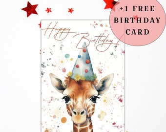 Giraffe Birthday Card, Watercolor Animal Print (Digital Download)