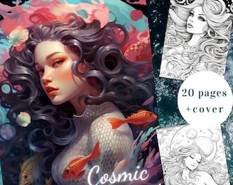 Cosmic Mermaid Coloring Book, 20 Celestial Pages (Printable PDF)
