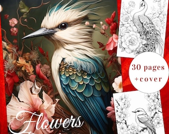 May include: A colouring book cover featuring a detailed illustration of a blue and green bird with white feathers and a long beak. The bird is surrounded by flowers and leaves. The text "Flowers Birds" is written in a decorative font below the bird. The cover also includes a note that the book contains 30 pages plus a cover.