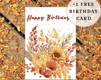 Autumn Floral Birthday Card, Minimalist Fall Design (Digital Download)