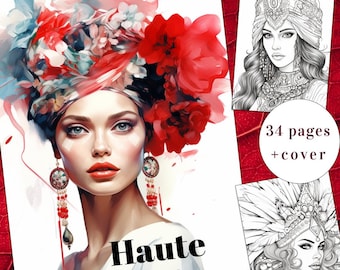 Livro de colorir de acessórios de cabeça sofisticados, ilustrações de mulheres elegantes (PDF para imprimir)