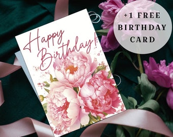 Tarjeta de cumpleaños con diseño de peonía y elegantes flores (descarga digital)