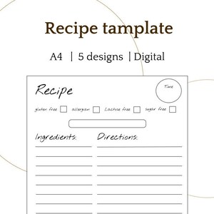 Digital Recipe Template, Printable Recipe Page, Recipe Card, Recipe Sheet, Recipe book, Size A4, PDF