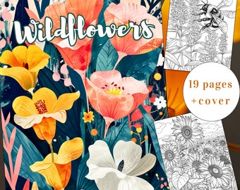 19 Página para colorear de flores silvestres, Libro para colorear de flores, Coloración de flores silvestres, Descarga instantánea para adultos + niños, Página para colorear de primavera, PDF imprimible