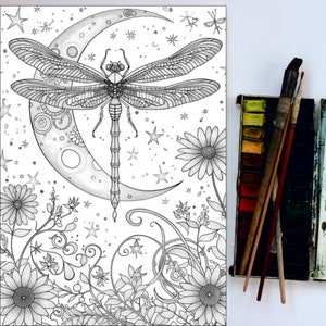 May include: A black and white illustration of a dragonfly with intricate details, perched on a crescent moon. The background features a whimsical design of flowers, stars, and swirls.