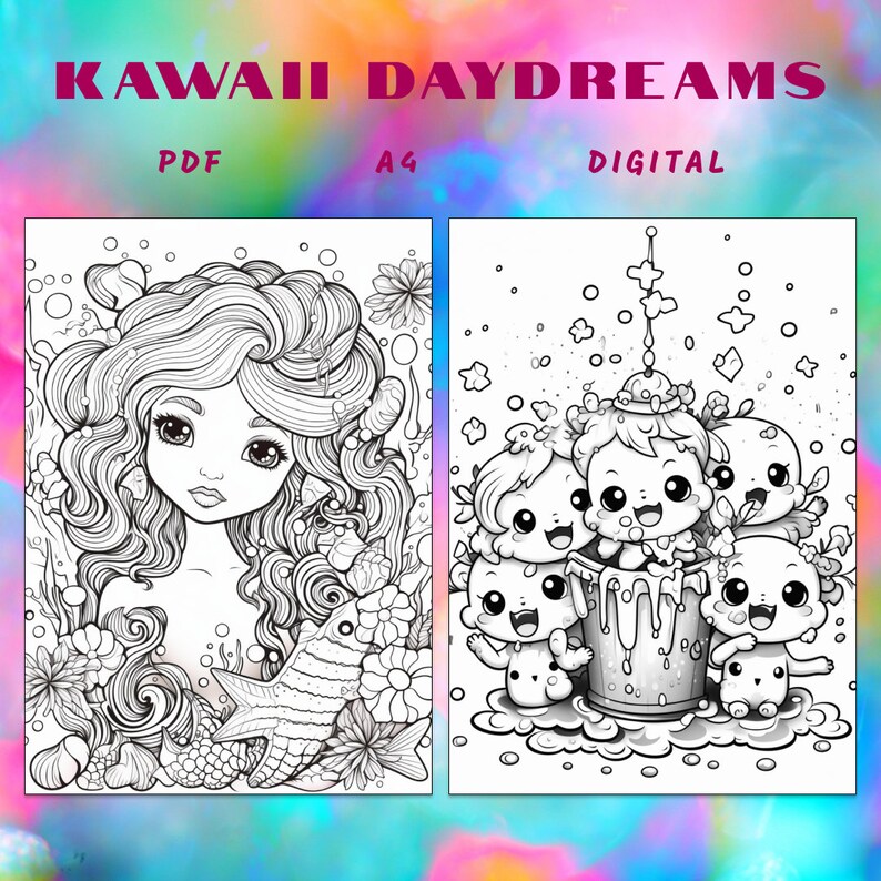 Kawaii Coloring Page Book, Adults + Kids- Instant Download, Kawaii Daydreams Coloring Page ...