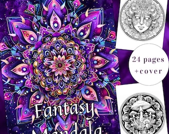 24 Fantasy Mandala Coloring Page, Fantasy Coloring, Mandala Coloring Book, Adults + kids Instant Download, Relax Coloring,Printable PDF