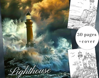 30 páginas para colorear de faros, libro para colorear del océano, libro para colorear de olas, descarga instantánea para adultos y niños, faros, tormentas, PDF imprimible