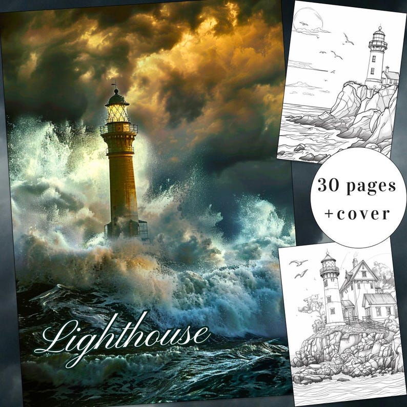 Puede incluir: Un libro para colorear con un faro que se alza alto contra un mar tormentoso. La portada muestra un faro con olas rompiendo a su alrededor. El libro incluye 30 p&aacute;ginas m&aacute;s una portada.