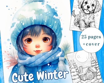 May include: A watercolor illustration of a girl wearing a blue winter hat and scarf. The girl has brown eyes and black hair. The background is a light blue watercolor wash with white snowflakes. The text "Cute Winter" is written in a white font at the bottom of the image.