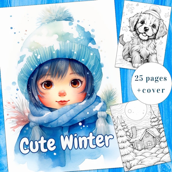 25 Cute Winter Coloring Page, Winter Coloring Book, Seasonal Coloring Book, Adults + kids Instant Download, Chrismas Coloring, Printable PDF