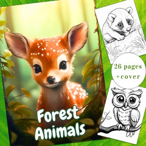 26 Cute Forest Animals Coloring Page Book, Adults + kids- Instant Download, Forest Coloring Page, Cute Animals Coloring Book, Printable PDF