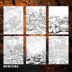 May include: A set of six black and white coloring pages featuring various autumnal scenes. The scenes include a family enjoying a picnic under a canopy, a charming cottage with a stone path, a still life of apples and pies, a rocking chair on a porch, a forest with a stream, and a storefront with pumpkins.