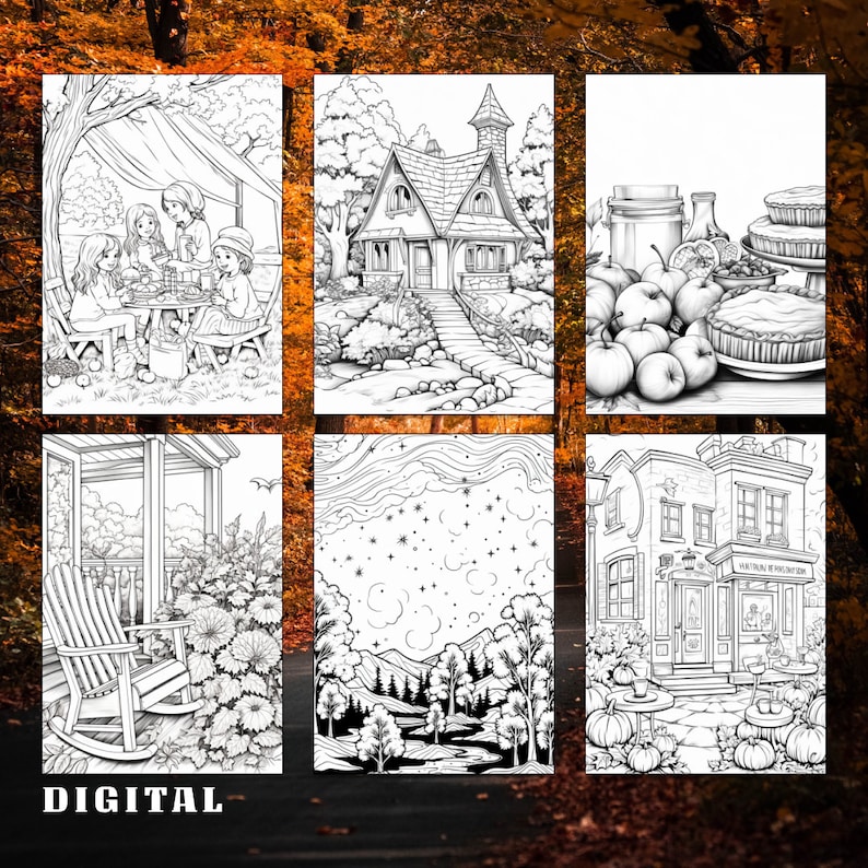 May include: A set of six black and white coloring pages featuring various autumnal scenes. The scenes include a family enjoying a picnic under a canopy, a charming cottage with a stone path, a still life of apples and pies, a rocking chair on a porch, a forest with a stream, and a storefront with pumpkins.