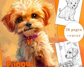 26 Puppy Coloring Page, Dogs Coloring Book, Cute Dog Coloring Book, Adults + kids Instant Download, Cute Puppy Coloring, Printable PDF