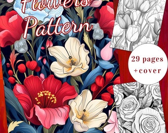 29 Flowers Pattern Coloring Page, Flower Coloring Book, Pattern Coloring Book, Adults + kids Instant Download, Floral Coloring,Printable PDF