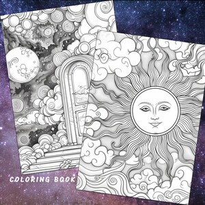May include: A black and white coloring book page featuring two illustrations. The first illustration depicts a door in the clouds with a moon and stars in the background. The second illustration depicts a sun with a face and clouds.