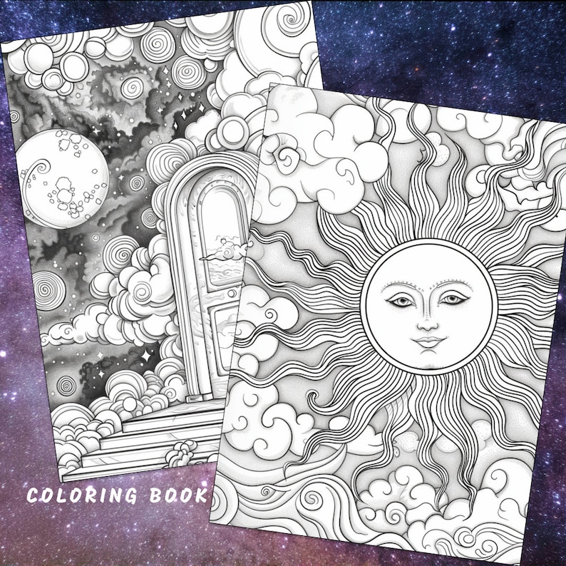 May include: A black and white coloring book page featuring two illustrations. The first illustration depicts a door in the clouds with a moon and stars in the background. The second illustration depicts a sun with a face and clouds.