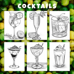 May include: A set of six black and white illustrations of different cocktails. The illustrations are in a vintage style and feature a variety of ingredients, including fruit, ice, and herbs.