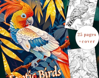 25 Exotic Birds Coloring Page, Birds Coloring, Parrots Coloring Book, Adults + kids Instant Download, Birds Coloring, Macaws Printable PDF