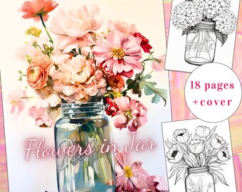 Desenhos para colorir de flores em jarro, arte floral, 18 páginas (PDF para impressão)