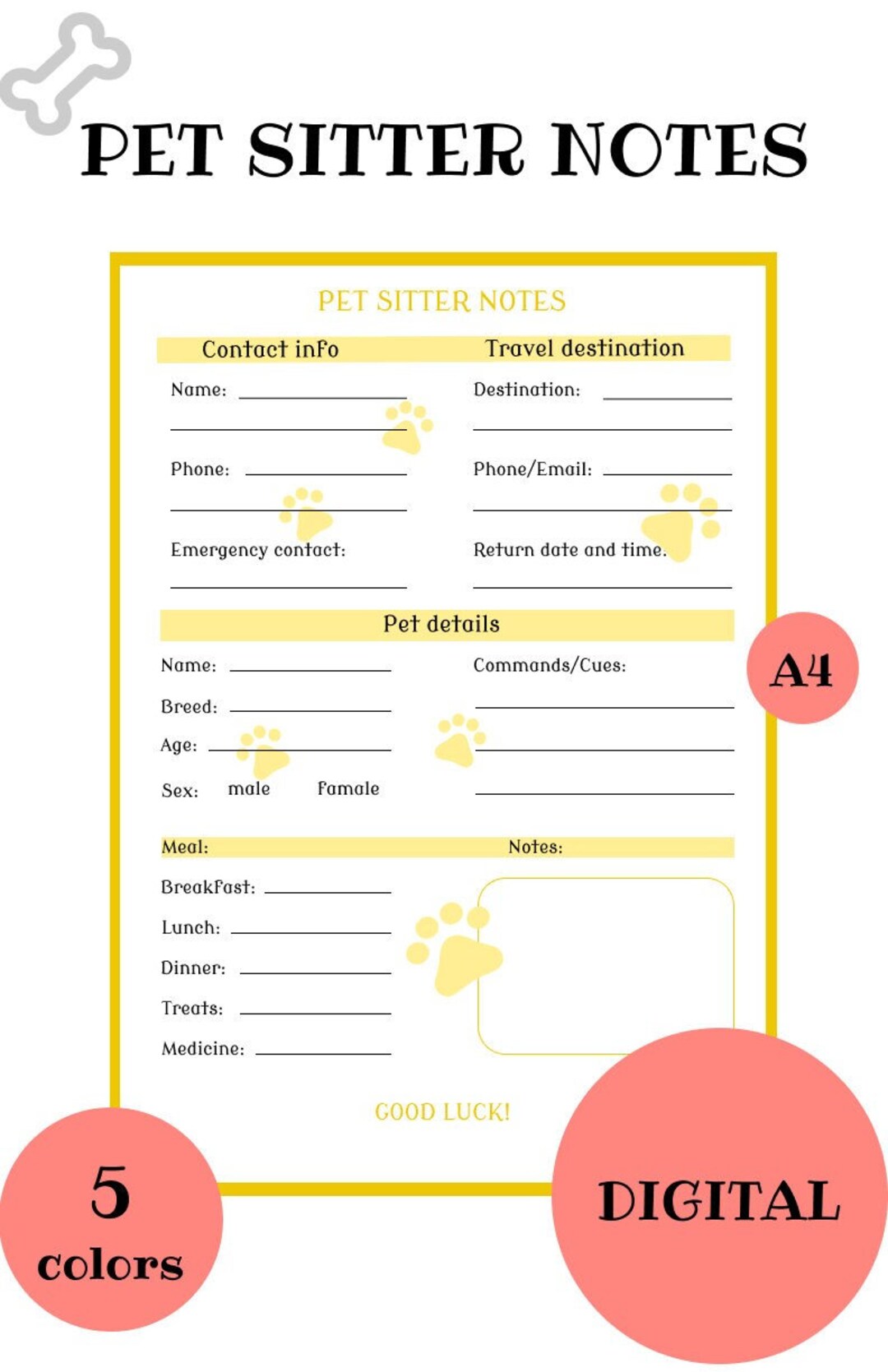 Digital Pet Sitter Notes Printable, Dog Cat Walker, Pet Care