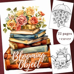 Puede incluir: Una pila de libros vintage con un ramo de rosas rosas, amarillas y rojas en la parte superior. Los libros están apilados sobre una maleta marrón con el texto "Blooming Object" en la parte delantera.