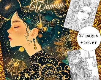 Libro da colorare con la donna dello zodiaco, arte astrologica, 27 pagine (PDF stampabile)