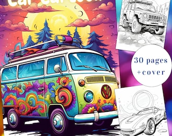 Car Cartoon Coloring Book, 30 Pages, Kids & Adults (Printable PDF)