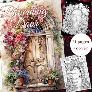 21 Blooming Door Coloring Page, Flower Coloring Book, Fantasy Coloring, Adults + kids Instant Download, Door Coloring Page, Printable PDF